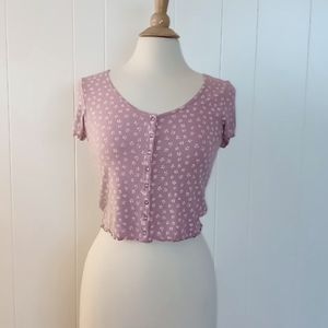 AMERICAN EAGLE SOFT AND SEXY RIBBED CROP TOP, SNAP DOWN FRONT, SIZE MEDIUM, PINK